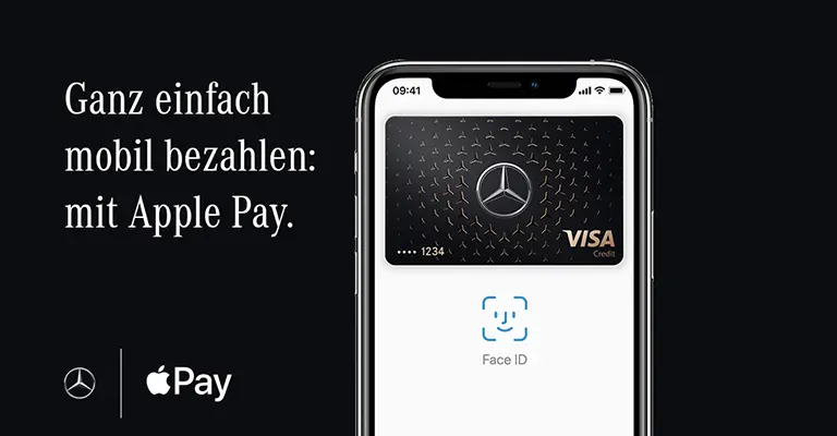 Abbildung eines Apple Smartphones mit der Mercedes Creditcard und dem Text "Ganz einfach: mobil bezahlen mit Apple Pay"